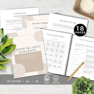 Peut inclure: Un classeur de travail sur la communication avec des feuilles de travail pour comprendre les différents styles de communication et comment communiquer de manière assertive. Le classeur a une couverture beige et blanche avec un motif circulaire. Le titre "Communication Workbook" est imprimé en noir. Le texte "Worksheets to understand different styles and how to communicate assertively" est imprimé en noir. Le texte "US Letter | A4 | A5 | Print at Home | Instant Download" est imprimé en noir.
