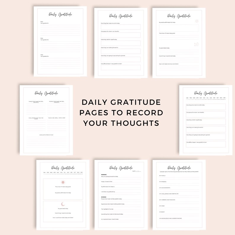 May include: A set of printable daily gratitude journal pages with the text "DAILY GRATITUDE PAGES TO RECORD YOUR THOUGHTS".