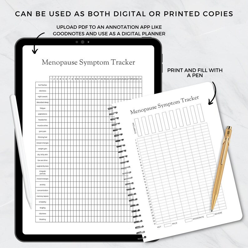 Puede incluir: Una tableta digital y un cuaderno con espiral que muestra un "Menopause Symptom Tracker". La tableta muestra el rastreador con un l&aacute;piz &oacute;ptico, mientras que el cuaderno tiene un bol&iacute;grafo. El texto dice "Se puede usar como copias digitales o impresas."