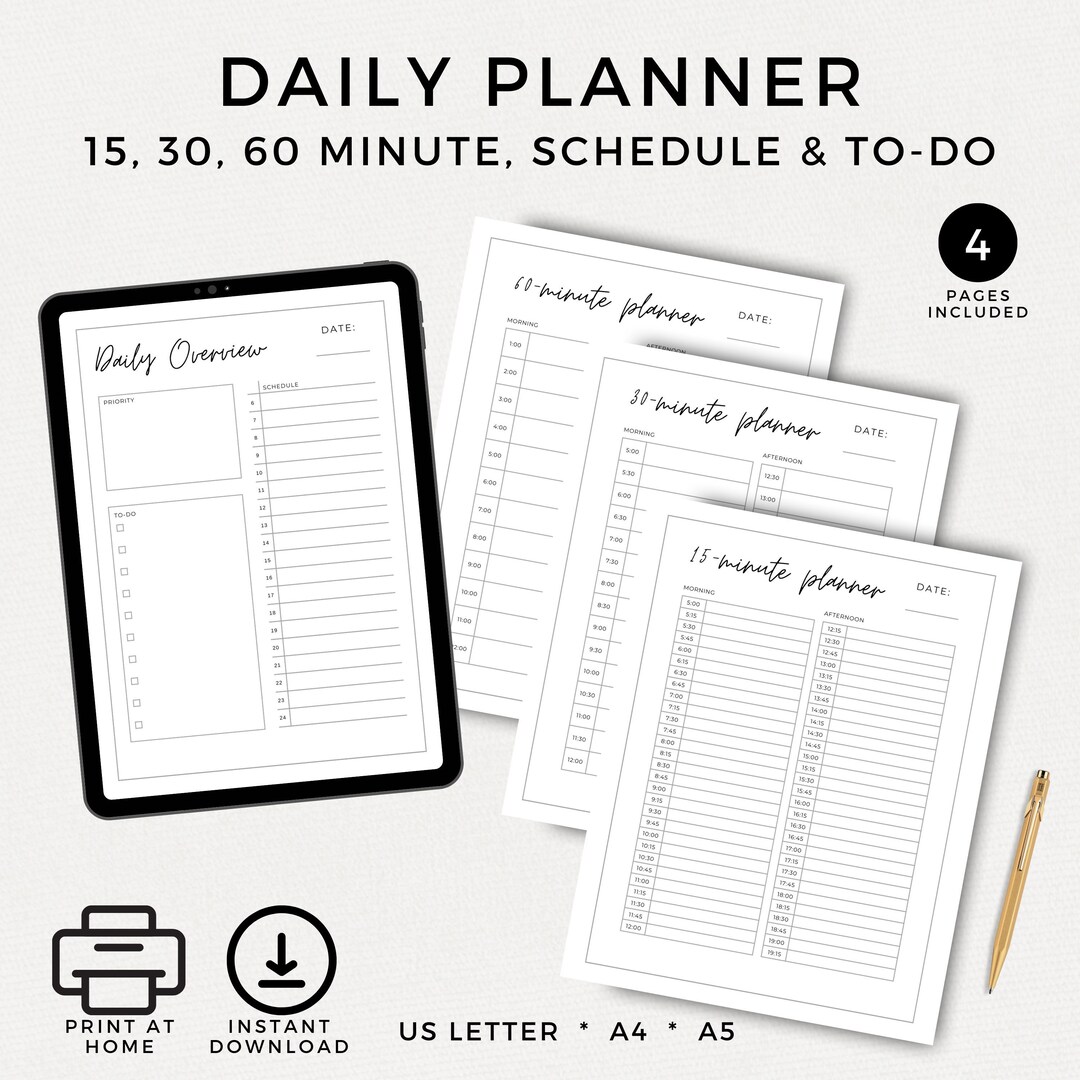 Target Daily Planner, Printable, 15, 30, 60 Minute Day, Diary, Hourly