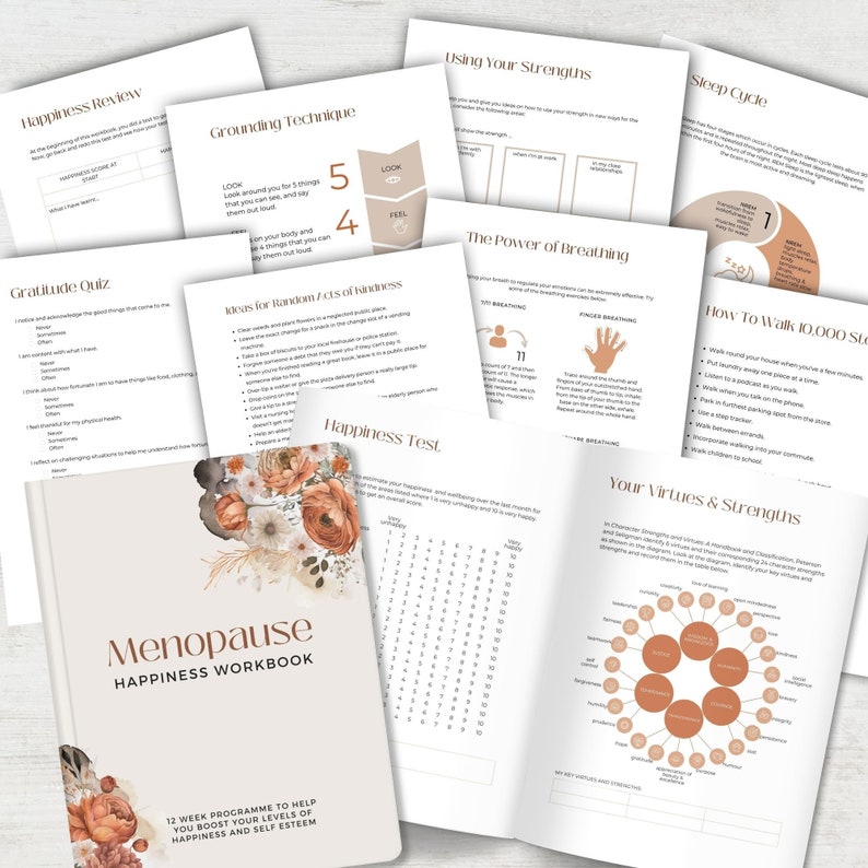Pu&ograve; includere: Un quaderno di lavoro beige e marrone con il titolo "Menopause Happiness Workbook" e un design floreale sulla copertina. Il quaderno di lavoro fa parte di un programma di 12 settimane per aiutare ad aumentare i livelli di felicit&agrave; e autostima.