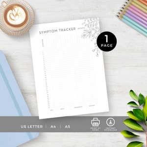 Symptoom Tracker Journal Pagina Bloem Doodles, Dagelijks en Maandelijks Logboek, BuJo Spread, Afdrukbare Planner Insert, Gezondheids- en Zwangerschapsgrafiek