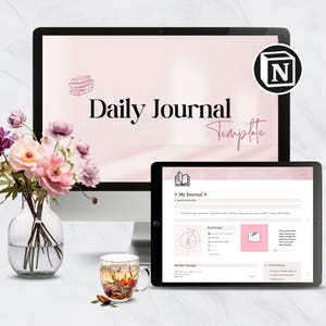 May include: A digital daily journal template displayed on a computer screen and tablet. The template features a pink and white colour scheme with a simple design. The text "Daily Journal Template" is displayed on the computer screen. The tablet screen shows a section for "My Journal" with a calendar, a section for "Don't Forget" with a checklist, and a section for "My Daily Thoughts" with a space for writing.