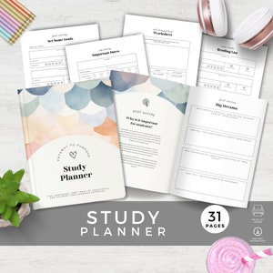 Könnte beinhalten: Ein Studienplaner mit einem Cover im Aquarelldesign, mit dem Text "Study Planner". Der Planer enthält Seiten für die Zielsetzung, wichtige Termine und Selbstmanagement. Das Bild zeigt auch eine Leseliste und ein Arbeitsblatt. Der Planer hat 31 Seiten.