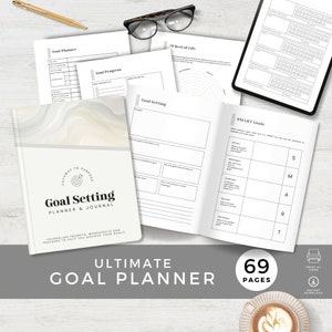 Puede incluir: Un planificador y diario de establecimiento de objetivos blanco y gris con el texto "Pathway to Purpose" y "Goal Setting Planner & Journal". El planificador incluye indicaciones para el diario, hojas de trabajo y rastreadores para ayudarte a alcanzar tus objetivos. Tiene 69 páginas y está disponible para descarga instantánea.
