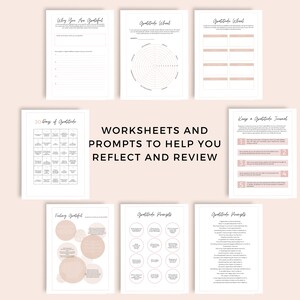May include: A set of printable worksheets and prompts to help you reflect and review your gratitude. The worksheets include a gratitude wheel, 30 days of gratitude, feeling grateful, and gratitude prompts.