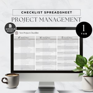 May include: A computer screen displaying a project management checklist spreadsheet with three sections: Initiation Phase, Planning Phase, and Execution Phase. Each section has a list of tasks with checkboxes next to them. The spreadsheet is titled "New Project Checklist".