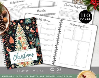 May include: The Ultimate Christmas Planner printable planner with 110 pages. The cover features a dark blue background with a stylized Christmas tree and floral design. The planner includes sections for schedules, checklists, party plans, budgets, food and drink.