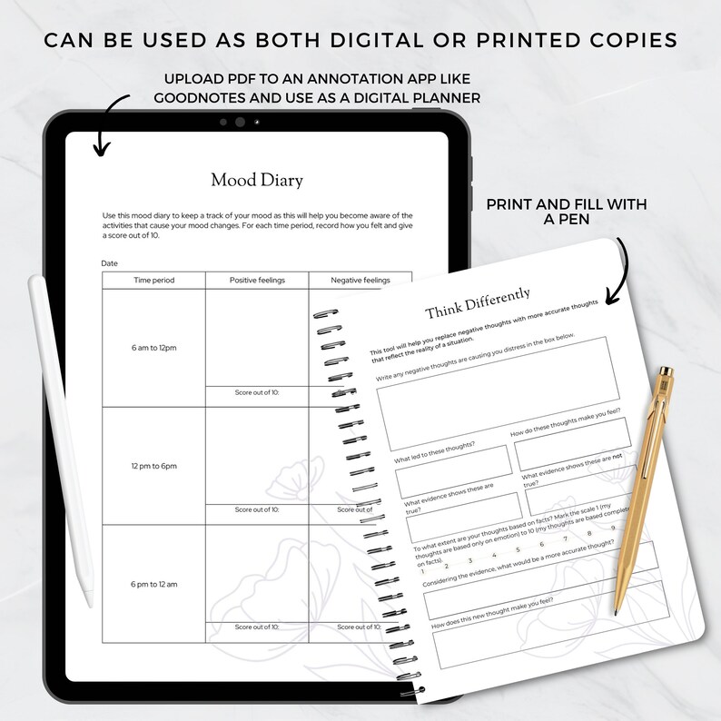 May include: A digital planner with a mood diary and a "Think Differently" section. The mood diary has sections for positive and negative feelings, with a score out of 10 for each. The "Think Differently" section has prompts for identifying and replacing negative thoughts with more accurate ones.