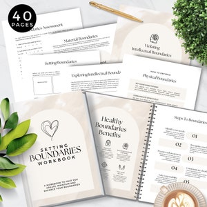 May include: A workbook titled "Setting Boundaries Workbook" with a pink heart design on the cover. The workbook is designed to help you create, maintain, and enforce your boundaries. The book has 40 pages and is spiral bound.
