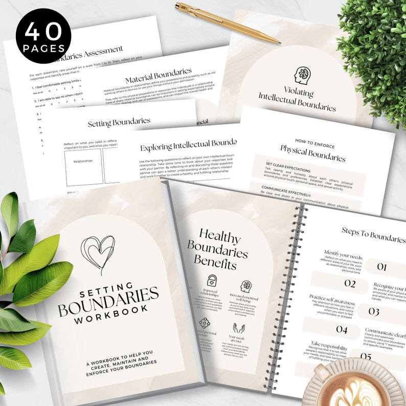 May include: A workbook titled "Setting Boundaries Workbook" with a pink heart design on the cover. The workbook is designed to help you create, maintain, and enforce your boundaries. The book has 40 pages and is spiral bound.