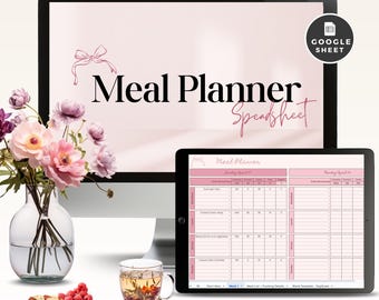 Weekly Meal Planner Google Sheet Spreadsheet, Grocery Shopping List, Daily Menu, Calorie Tracker, Keto Diet, Cute Pink Food Journal Diary