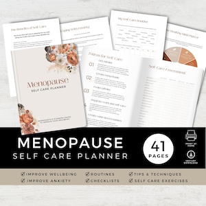 May include: A self-care planner for menopause with a floral design on the cover. The planner includes worksheets, checklists, and tips for improving wellbeing and managing anxiety. It has 41 pages and is available for instant download.