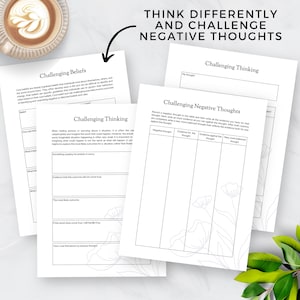 May include: Black and white printable worksheet with the text "Think Differently and Challenge Negative Thoughts". The worksheet includes sections for challenging beliefs, challenging thinking, and challenging negative thoughts. The worksheet is designed to help people identify and challenge negative thoughts.