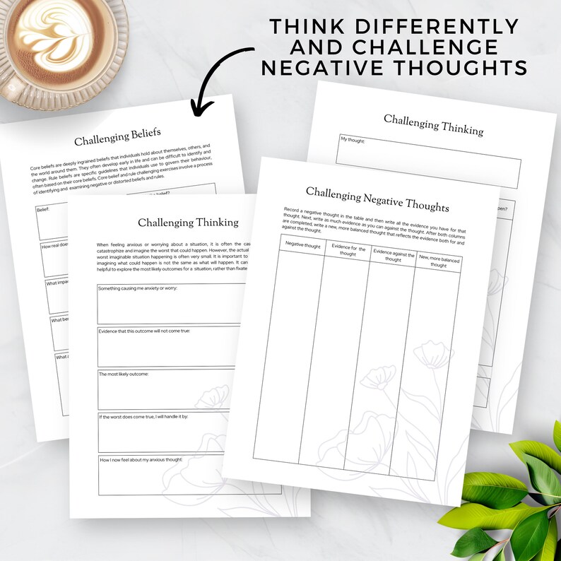 May include: Black and white printable worksheet with the text "Think Differently and Challenge Negative Thoughts". The worksheet includes sections for challenging beliefs, challenging thinking, and challenging negative thoughts. The worksheet is designed to help people identify and challenge negative thoughts.