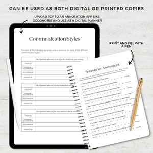 May include: A digital planner with a white background and black text. The planner is open to a page titled "Communication Styles" with a table listing different communication styles. The next page is titled "Boundaries Assessment" with a table for self-assessment.