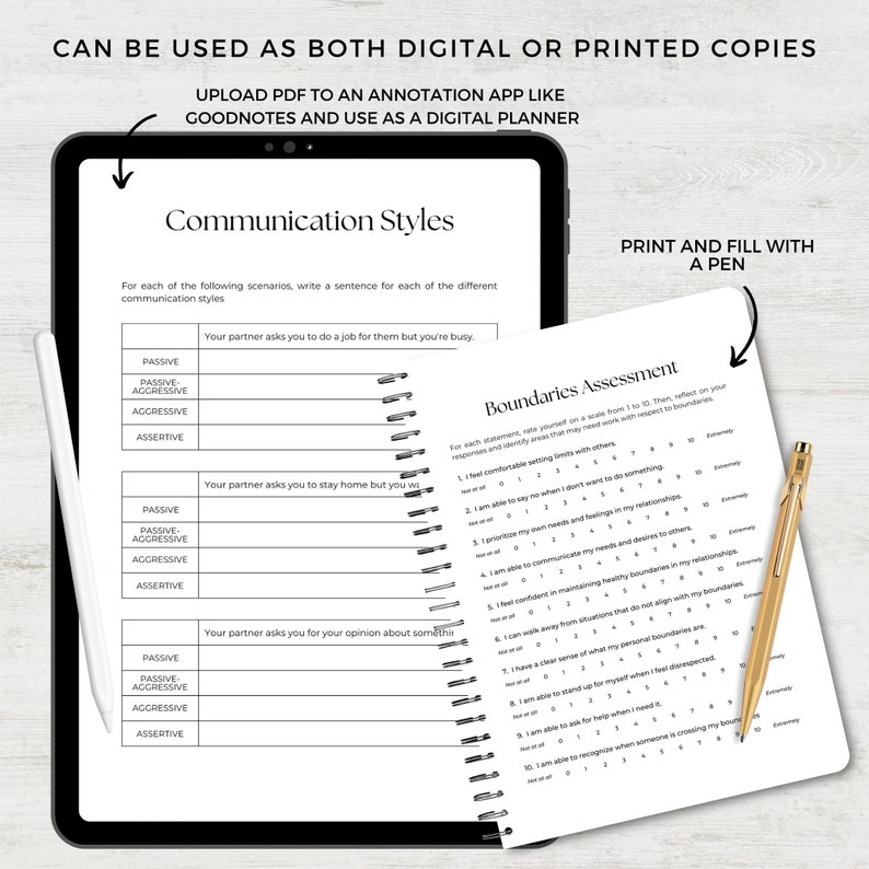 May include: A digital planner with a white background and black text. The planner is open to a page titled "Communication Styles" with a table listing different communication styles. The next page is titled "Boundaries Assessment" with a table for self-assessment.