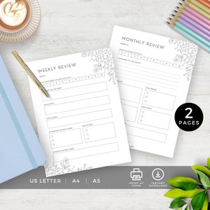 Monthly Review Journal Page, Weekly Reflection Worksheet, Planner Inserts, Gratitude Journal,  Printable PDF, Digital, Flower Doodles