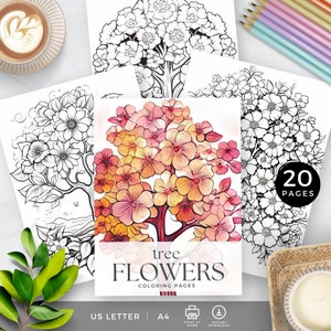 Easy coloring pages of Flowers for Mindfulness, Nature Adult Color Pages Self Care Activity, Tree Art Therapy for Stress Relief, Floral PDF