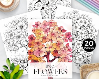 May include: A set of 20 printable coloring pages featuring intricate illustrations of trees with flowers. The pages are designed for adults and feature a variety of floral designs. The text "tree FLOWERS coloring pages" is printed on the cover.