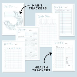 May include: A set of printable health trackers, including habit trackers, a sleep tracker, a symptom tracker, and a period tracker. The trackers are designed to help people track their health and wellness.