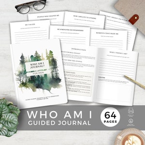 May include: A watercolor illustration of a forest with a journal titled "Who Am I Journal? For Men" with the text "Guided Journal Prompts to Get to Understand Yourself Better". The journal has 64 pages and is available for instant download.
