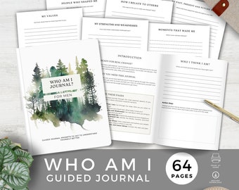 Puede incluir: Una ilustración de acuarela de un bosque con un diario titulado "Who Am I Journal? For Men" con el texto "Guided Journal Prompts to Get to Understand Yourself Better". El diario tiene 64 páginas y está disponible para descarga instantánea.
