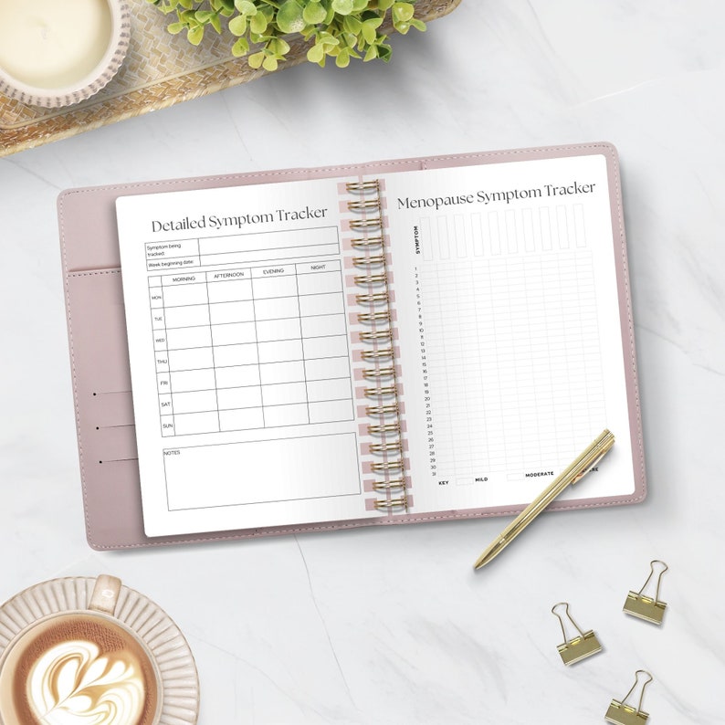 May include: A pink and gold spiral bound journal with the title "Detailed Symptom Tracker" and "Menopause Symptom Tracker" on the front cover. The journal has a gridded layout for tracking symptoms and a section for notes.