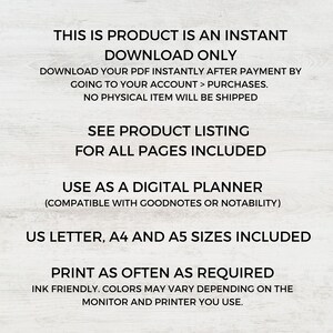 Puede incluir: Texto superpuesto sobre un fondo de veta de madera. El texto dice: "Este producto es una descarga instant&aacute;nea. Descarga tu PDF instant&aacute;neamente despu&eacute;s del pago yendo a tu cuenta > compras. No se enviar&aacute; ning&uacute;n art&iacute;culo f&iacute;sico. Consulta la lista de productos para ver todas las p&aacute;ginas incluidas. &Uacute;salo como un planificador digital (compatible con Goodnotes o Notability). Tama&ntilde;os US Letter, A4 y A5 incluidos. Imprime tantas veces como sea necesario. Tinta amigable. Los colores pueden variar dependiendo del monitor y la impresora que uses."