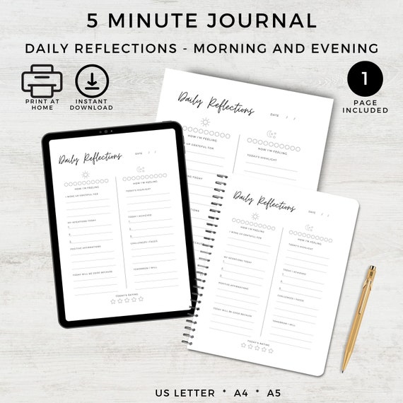 The 5 Minute Journal PDF, Morning Intentions, Evening Reflections, Prompts, Diary Insert, Printable Instant Download, Digital Goodnotes