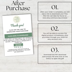 Pu&ograve; includere: Una carta di istruzioni per il download digitale verde e bianca con il testo "Dopo l'acquisto" in un carattere grande. La carta include tre passaggi numerati per scaricare prodotti digitali dopo l'acquisto su Etsy. La carta include anche una sezione di recensione con un sistema di valutazione a cinque stelle.