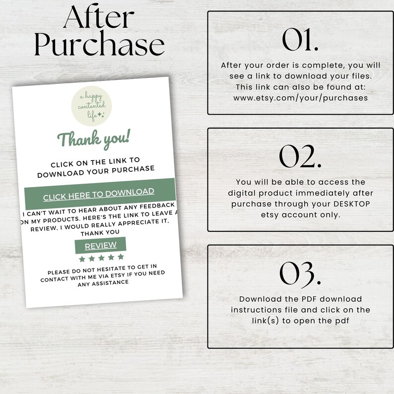 Pu&ograve; includere: Una carta di istruzioni per il download digitale verde e bianca con il testo "Dopo l'acquisto" in un carattere grande. La carta include tre passaggi numerati per scaricare prodotti digitali dopo l'acquisto su Etsy. La carta include anche una sezione di recensione con un sistema di valutazione a cinque stelle.