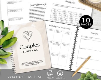 Couples Journal Prompts and Worksheets, Relationship Therapy Journaling, Date Night Activity, Marriage Self Help Tools, Printable PDF