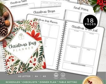 May include: A spiral-bound Christmas Day Planner with a floral cover featuring red poinsettias and berries. The interior pages include a Christmas To-Do List, a final menu, a recipe sheet, and a table planner. The set contains 18 pages total.