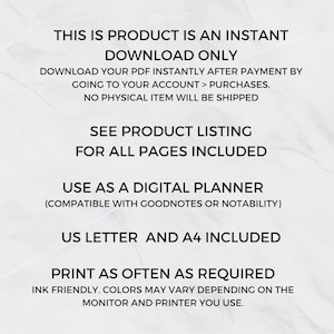Puede incluir: Fondo blanco con texto negro. El texto dice: "ESTE PRODUCTO ES S&Oacute;LO UNA DESCARGA INSTANT&Aacute;NEA". Tambi&eacute;n indica que el producto es una agenda digital, compatible con GoodNotes o Notability, e incluye los tama&ntilde;os US Letter y A4.