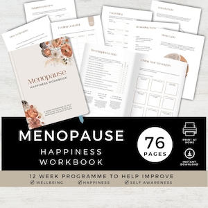 Peut inclure: Un cahier d'exercices de 76 pages intitulé "Menopause Happiness Workbook" avec un motif floral sur la couverture. Le cahier d'exercices comprend un programme de 12 semaines pour aider à améliorer le bien-être, le bonheur et la conscience de soi.