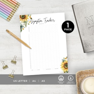 Symptoom Tracker Journal Pagina Zonnebloem, Dagelijks en Maandelijks Logboek, BuJo Spread, Afdrukbare Planner Insert, Gezondheids- en Zwangerschapsgrafiek, Digitaal