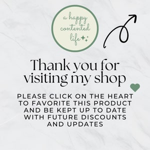 Puede incluir: Imagen con texto que dice "Gracias por visitar mi tienda." Incluye un c&iacute;rculo verde con el texto "a happy contented life" y un icono de coraz&oacute;n. El texto anima a marcar el producto como favorito para recibir actualizaciones.