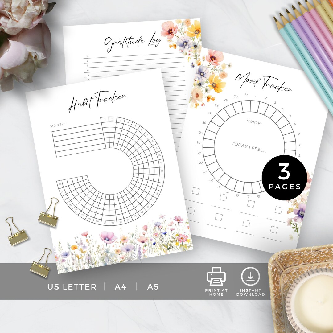 Habit Tracker Printable Flower, Mood Chart and Gratitude Log, Self Care ...