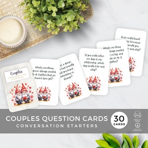 Cartoline per conversazione con appuntamento notturno per coppie, Starter con domande, Gioco di attività per conoscerti, Quiz sulle relazioni, Gnomi stampabile GN1