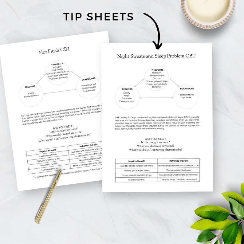 May include: Two printable tip sheets for managing hot flashes and night sweats. The sheets feature a circular diagram with sections for feelings, thoughts, and behaviors. Each section includes examples of negative thoughts and reframed thoughts to help manage these symptoms.