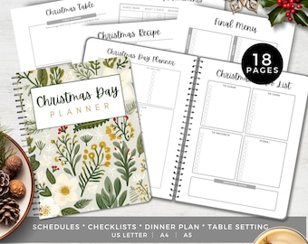 May include: A spiral-bound Christmas Day Planner with a floral cover featuring green leaves, yellow berries, and white flowers. The planner includes 18 pages of templates for schedules, checklists, dinner plans, and table settings in US Letter, A4, and A5 sizes.