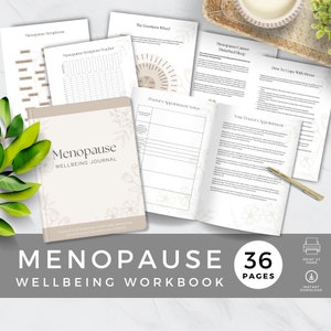 May include: A 36-page workbook titled "Menopause Wellbeing Journal" with a beige cover featuring a floral design. The workbook includes tools for managing symptoms, improving mood, sleep, and reducing stress.