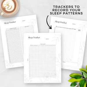 May include: Three printable sleep tracker sheets with a floral design. Each sheet has a grid for tracking hours of sleep, time asleep, and notes.