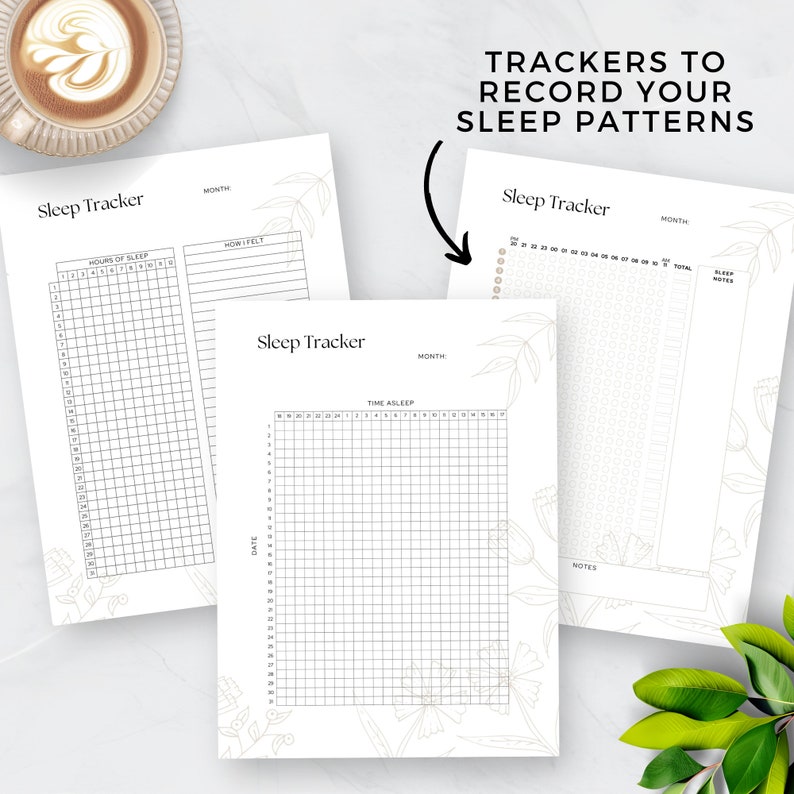 May include: Three printable sleep tracker sheets with a floral design. Each sheet has a grid for tracking hours of sleep, time asleep, and notes.