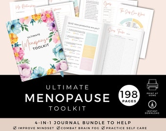 Op de afbeelding: Een digitale printbare journal toolkit voor de menopauze met 198 pagina's. De omslag heeft een aquarelontwerp met roze, blauwe en gele bloemen. De tekst op de omslag luidt "ULTIMATE Menopause TOOLKIT".