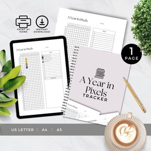 Een jaar in pixels dagboekpagina, afdrukbare PDF, jaarlijkse stemmingstracker, planner-insert, dagelijks zelfzorglogboek, maandelijkse tracking, welzijnsgrafiek