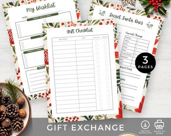 May include: Three printable holiday planning sheets featuring a My Wishlist, Gift Checklist, and Secret Santa Quiz. Each page has a white background with a border of red berries and green leaves. The text is black and includes checkboxes for tracking.