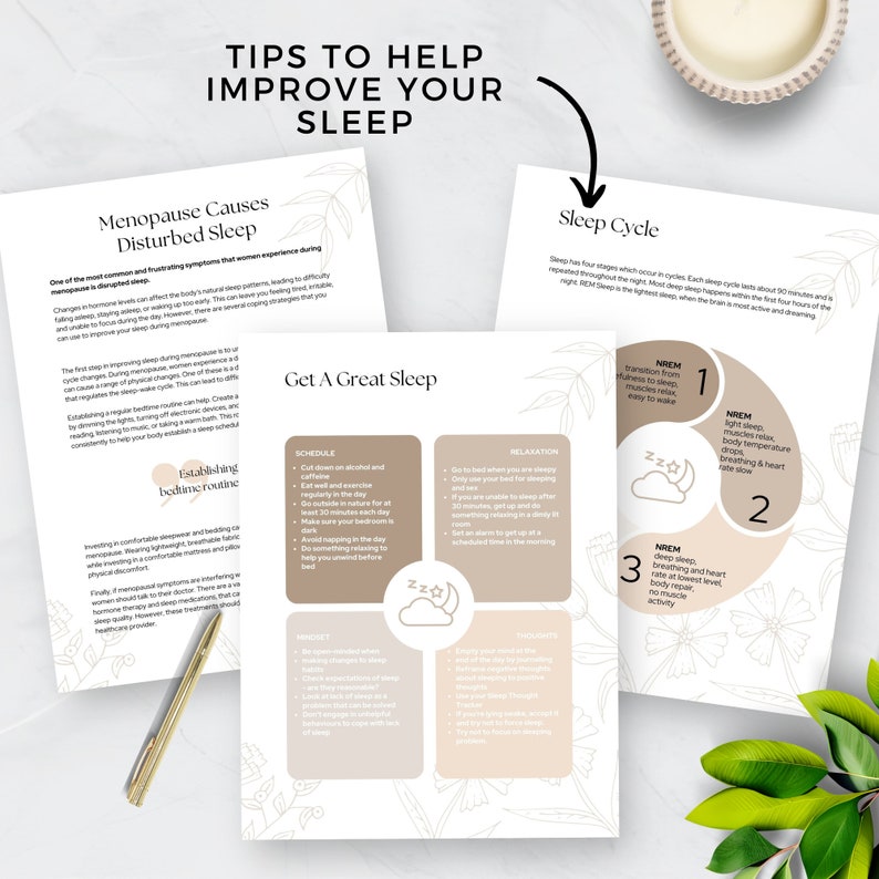 May include: Two beige and brown illustrated guides with tips to help improve sleep. The first guide focuses on menopause and its effects on sleep. The second guide focuses on the sleep cycle and how to get a good night's sleep. Both guides feature illustrations of a sleeping moon and stars.