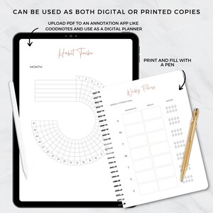 May include: A digital planner featuring a habit tracker and weekly fitness log. The habit tracker is a circular chart with numbers 1-30 around the edge. The weekly fitness log has sections for weekly fitness goals, workouts, meals, and water intake.
